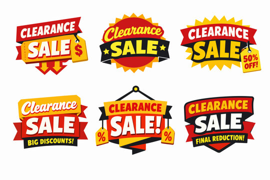 Clearance sale banners and discount labels promoting shopping, retail offers, limited time deals, advertising, and marketing