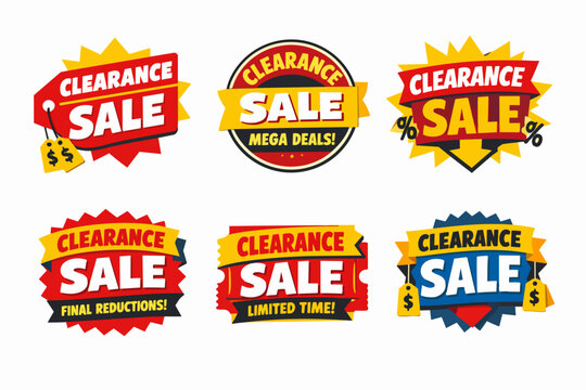 Clearance sale labels and badges set, offering final reductions, limited time deals, mega discounts, and promotional price tags