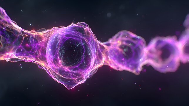 Microscopic purple cells connected by delicate filaments float in a dark space creating an abstract representation of life and science.