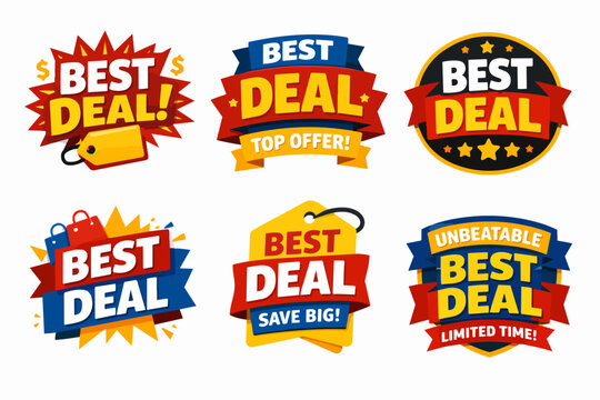 Best deal promotional badges set, offering discount stickers and labels for special sales marketing campaigns