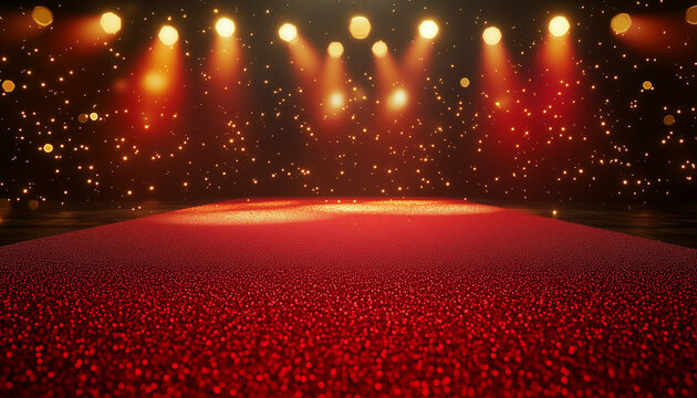 Red carpet runway with bright overhead lights and golden glitter dust falling. Dark ambient space with magical sparkling particles creates luxury event atmosphere. Festive celebration background