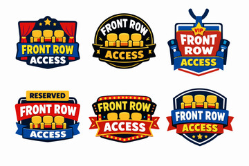 Naklejka premium Front row access emblems set featuring premium theater seats, vip reservation, and entertainment badges