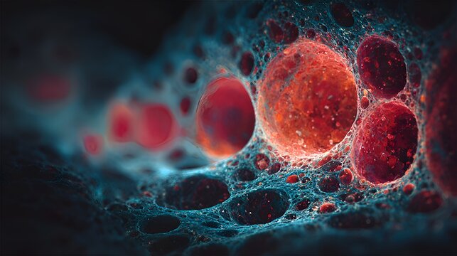 Abstract close up of cellular structure with red spheres surrounded by blue network creating complex biological or scientific background.