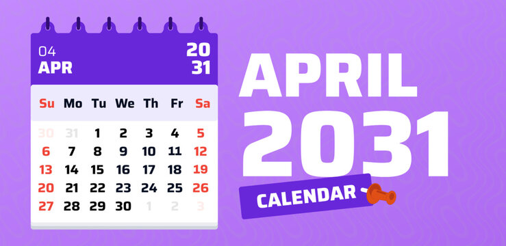 April 2031 calendar. Monthly calendar template. 2031 sunday start week. Clean and simple layout. Vector illustration. Date grid april 2031. Weekend saturday and sunday.