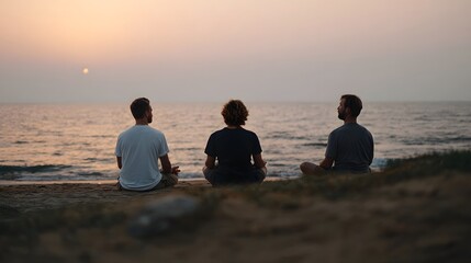 Fototapeta premium Three men in meditative poses sit peacefully on a serene beach as the sun sets over the calm ocean waters