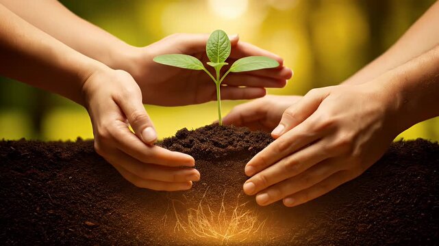 Hands nurturing a young plant seedling growing from rich soil.