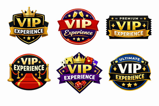 Set of vip experience emblems representing luxury, exclusive access, casino loyalty programs, and premium service