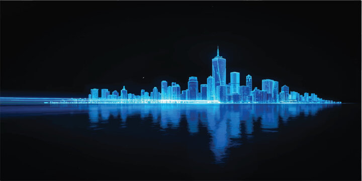 Abstract blue city background featuring a night skyline silhouette with urban architecture and skyscraper design for a business cityscape illustration