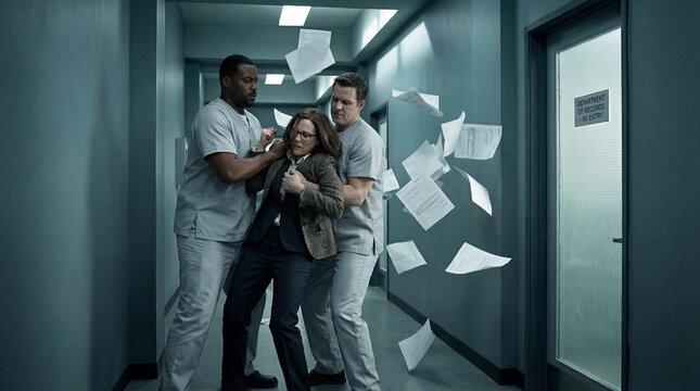 Two male orderlies in grey scrubs restrain a struggling woman in professional business attire as papers fly through the air in a cold hospital hallway.