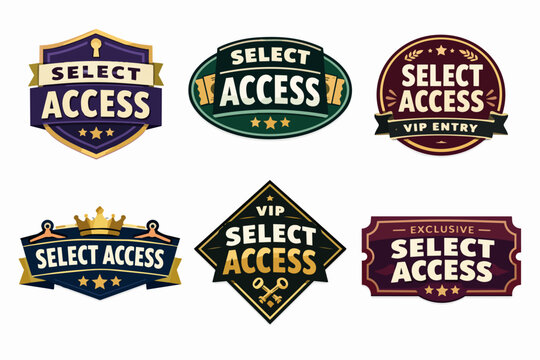 Select access badges showcasing various designs for vip entry, exclusive membership, and premium access privileges