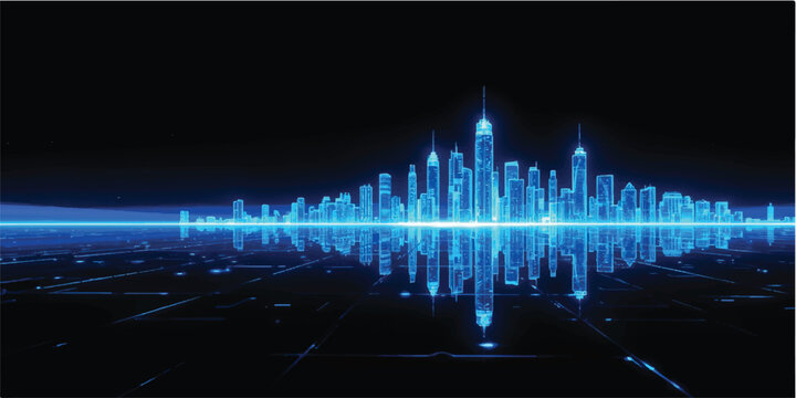 Abstract blue digital background with waves of light and audio equalizer lines forming a technology city skyline illustration