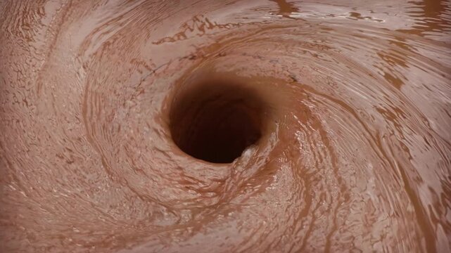 Close-up of intense swirling motion of water disappearing down large drain opening. Tight shot of street-level storm drain inlet with violent whirlpool at its center. 