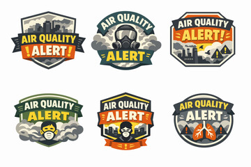 Obraz premium Air quality alert badges warning about pollution, smog conditions, and respiratory health risks from environmental hazards