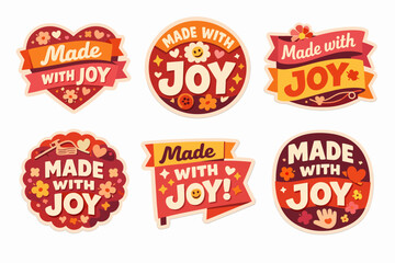 Obraz premium Made with joy labels set illustrating handmade quality, craftsmanship, and positive emotion for creative products