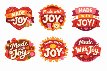 Obraz premium Made with joy labels set with crafting elements, hearts, flowers and stars for handmade products and gifts