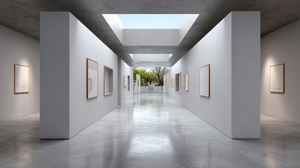 Fototapeta premium Art Gallery Hallway: A contemporary art gallery hallway with a bright, minimalist aesthetic. The space is flooded with natural light from a skylight, emphasizing the sleek lines and modern design.