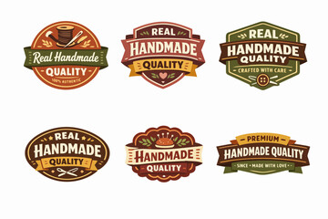 Obraz premium Set of handmade quality badges, banners, and logos promoting craftmanship, artisan products, and genuine quality with care