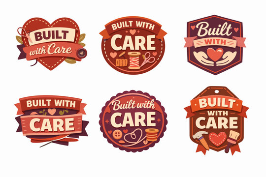 Collection of built with care badges representing handmade, craftsmanship, artisan quality, and diy creativity