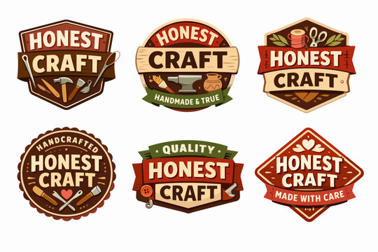 Set of honest craft badges and logos showing handmade and artisanal concepts, tools, and quality in vintage style