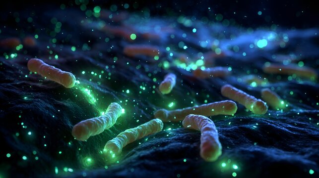 Microscopic view reveals numerous rod shaped bacteria on a textured surface illuminated by small green particles in a dark environment.