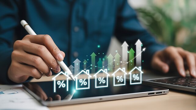 Analyzing real estate market trends and property investment growth on a digital tablet, showcasing financial success and future opportunities with upward-pointing graphs
