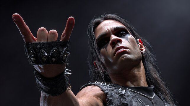 Metal Head's Gesture: A charismatic metalhead with striking makeup and edgy attire strikes a defiant pose, expressing the rebellious spirit of music