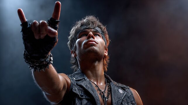 Rock and Roll Gesture: A charismatic musician channels the energy of rock and roll, extending a hand in the iconic 'horns' gesture, radiating the spirit of the music and rebellion.