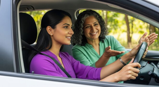 indian female driving instructor guides a learner with encouragement and support