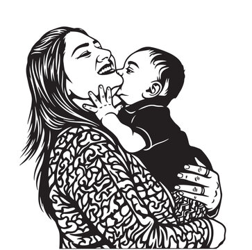 Happy Mother Carrying Son black and white vector Stencil art