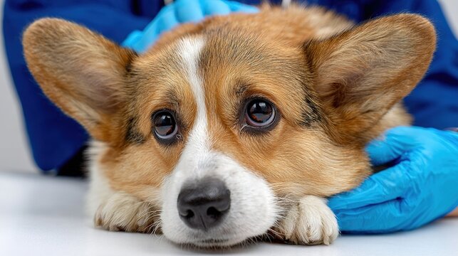 Caring Vet and Worried Corgi: A compassionate veterinarian provides a gentle check-up for a worried corgi, capturing the bond of care and concern.