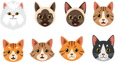 Naklejka premium Cute Cat Faces – Various Breeds Including Persian, Siamese, Tabby, and Calico in Adorable Cartoon Style for Pet Illustration Designs