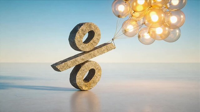3d illustration of heavy stone percentage sign lifted by glowing balloons for reducing stress levels and awareness concept