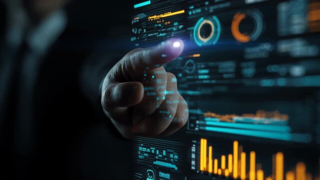 Hand taps glowing digital interface. Fingers press interactive dashboard with charts and graphs. Data displays pulse with orange and blue highlights. User focuses intently. Ideal for tech, finance