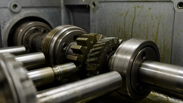 Industrial machine gears rotating close up manufacturing production