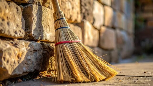 Traditional straw broom leaning on a rustic stone wall in warm sunlight
