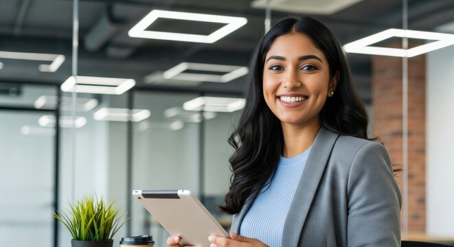 young indian business woman using laptop standing at office