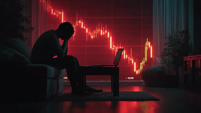Market Downturn: A silhouette of a person sits in a dimly lit room, staring at a laptop displaying a plummeting stock chart, highlighting financial anxieties and the impact of economic instability.