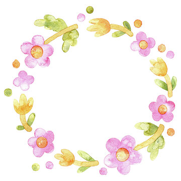 Pastel floral wreath composition. Hand drawn watercolor flowers forming a circle frame. Cute spring design for cards, logos, and invitations. Soft texture, gentle colors. Cozy illustration.