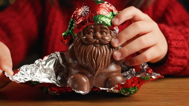 Hands unwrap a chocolate figure at a table during a festive time, revealing the sweet treat inside the shiny wrapper