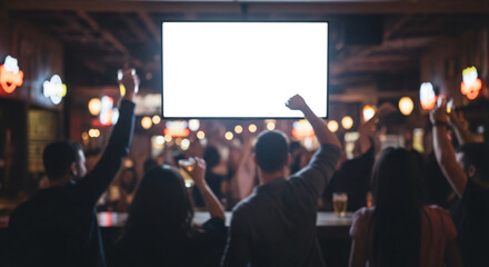 Obraz premium Group of friends cheering at blank TV screen in a bar at night