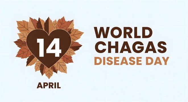 World chagas disease day awareness graphic with heart and leaves on light blue background