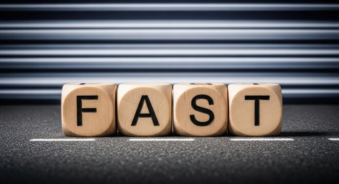 Wooden Blocks Spell Out the Word FAST on a Road.