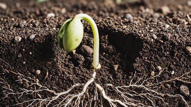 Seed starts in soil, roots grow down, and a small plant pushes through soil as it develops into a young plant