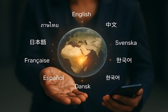 Person's open hand cradles a glowing holographic globe, surrounded by multiple language options, symbolizing global communication, translation, and international connectivity.