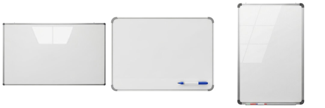 Three clean, empty whiteboards in various orientations, ready for presentations or teaching.