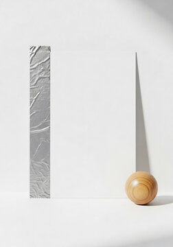 Minimalist white poster mockup with silver tape and wooden ball