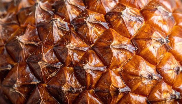 Macro photo showcasing the intricate geometric texture of a ripe salak fruit its reddish-brown scales gleaming with natural oils
