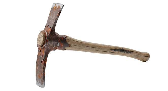 A rusty pickaxe with a wooden handle