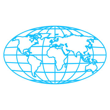 Oval globe outline with world map borders and grid lines in bright cyan vector illustration