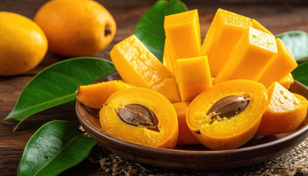 Delicious ripe canistel fruit pieces displayed in wooden bowl with vibrant orange color and sweet creamy flavor for healthy eating